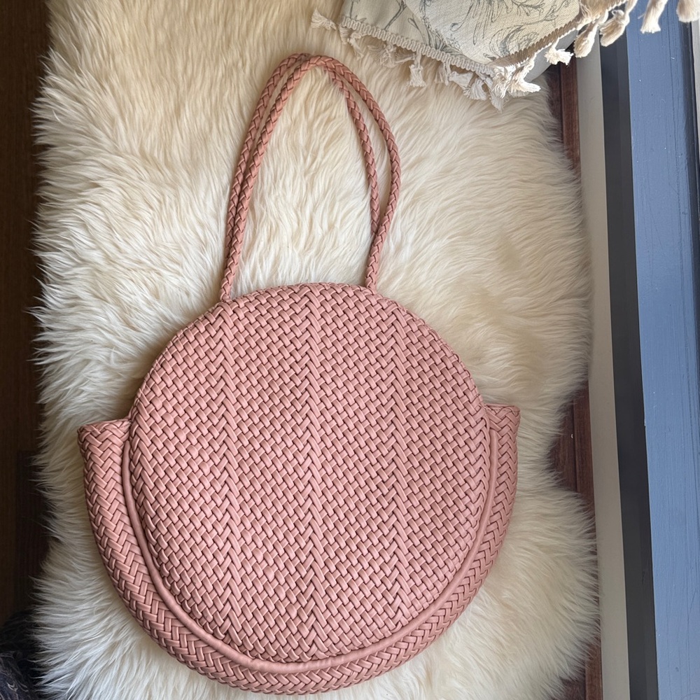 By Anthropologie ALISON WOVEN TOTE BAG Barbie Blush Pink, Woven Faux Leather